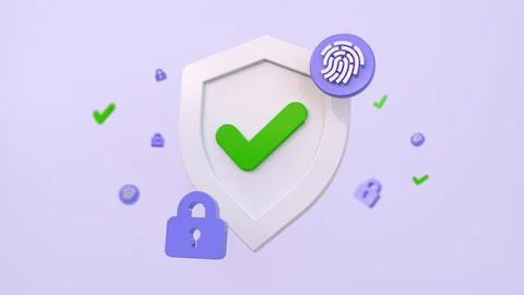 3D rendering of cyber security concept. White security shield with a green .. Stock Illustration