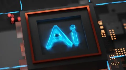 3D rendering of cyberpunk AI. Circuit board. Technology background. Central C Stock Illustration