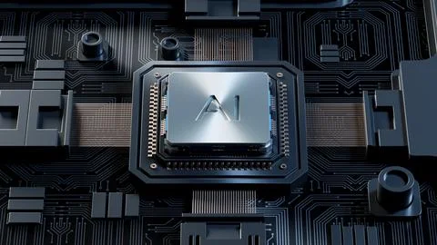 3D rendering of cyberpunk AI. Circuit board. Technology background. Central C Stock Illustration