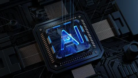 3D rendering of cyberpunk AI. Circuit board. Technology background. Central C Stock Illustration