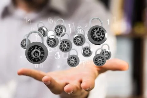 3d rendering of cybersecurity and information or network protection floating abo Stock Photos