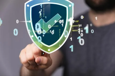 3d rendering of the cybersecurity of digital network systems near a hand 스톡 사진
