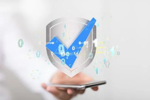 3d rendering of the cybersecurity of digital network systems above a smartpho 스톡 사진