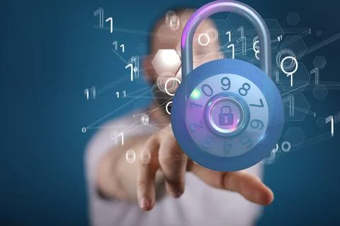 3d rendering of cybersecurity of digital network systems with computer security Stock Photos