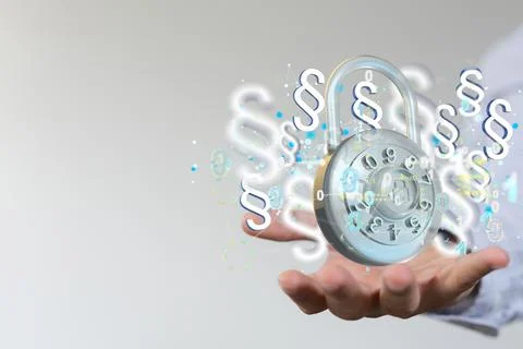 A 3d rendering of a cybersecurity lock and law paragraph symbols in a hand on 写真素材