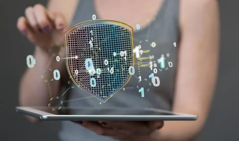 3d rendering of a cybersecurity system symbol in a bits scheme on a gray tabl Stock-Fotos