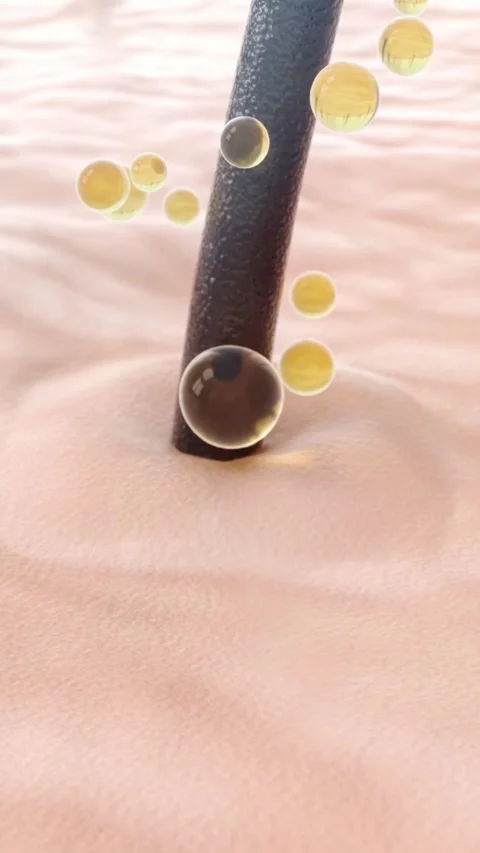3D rendering for daily care: golden hair essence enters follicles 库存影片 344951582