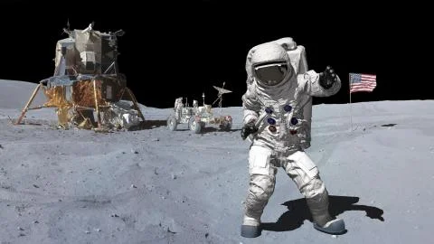 3D rendering. Dancing of Astronaut on the moon.. CG Animation. Elements of th Stock Illustration
