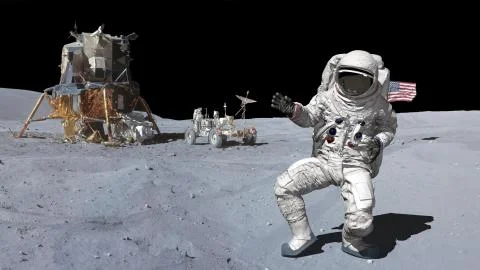 3D rendering. Dancing of Astronaut on the moon.. CG Animation. Elements of th Stock Illustration