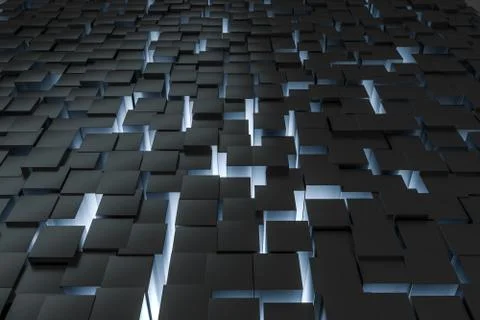 3d rendering, dark background, cube bricks with light effect. Computer digita Illustrazione stock