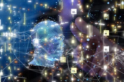 3D rendering of a  Dark blue human head thought mind interface, digital medical 스톡 사진