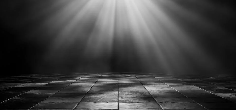 3D rendering of dark empty warehouse. Cement floor in dark room with spot l.. Stock Illustration
