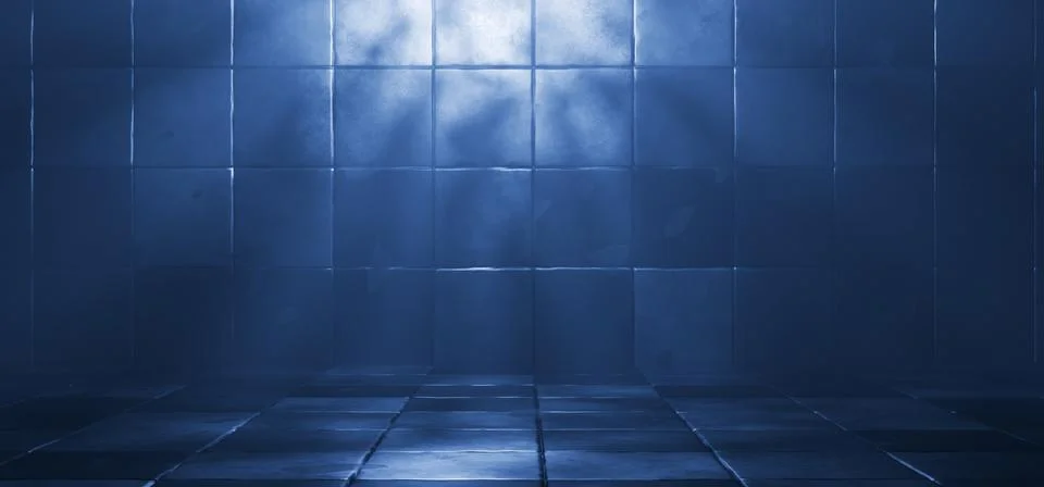 3D rendering of a dark empty warehouse. Tiled floor in a dark room with spo.. Stock Illustration