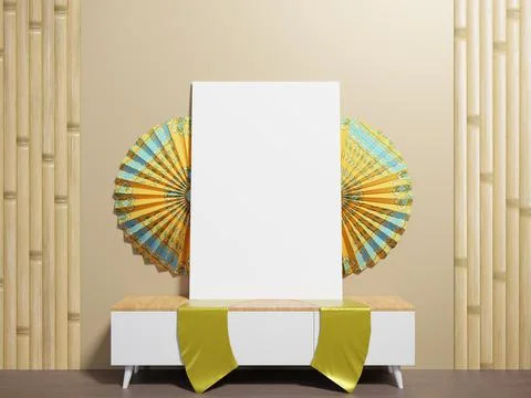 3d rendering of a dark fan wall poster with a wooden bedside table and yellow Stock Illustration