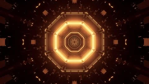 A 3D rendering of dark gold lights in a polygonal shape condensing into a sin Stock Illustration
