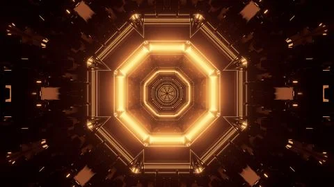 A 3D rendering of dark gold lights in a polygonal shape condensing into a sin Stock Illustration