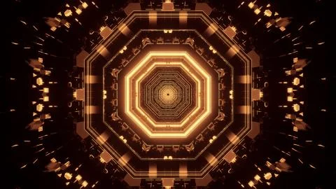 A 3D rendering of dark gold lights in a polygonal shape condensing into a sin Stock Illustration