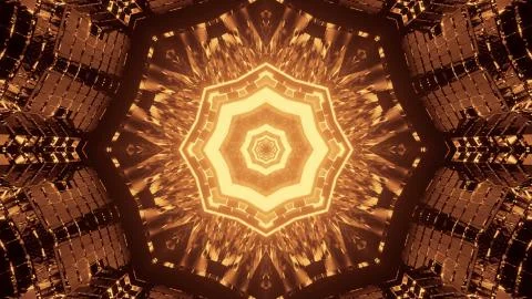 A 3D rendering of dark gold lights in a polygonal shape condensing into a sin Stock Illustration