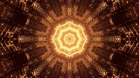 A 3D rendering of dark gold lights in a polygonal shape condensing into a sin Stock Illustration