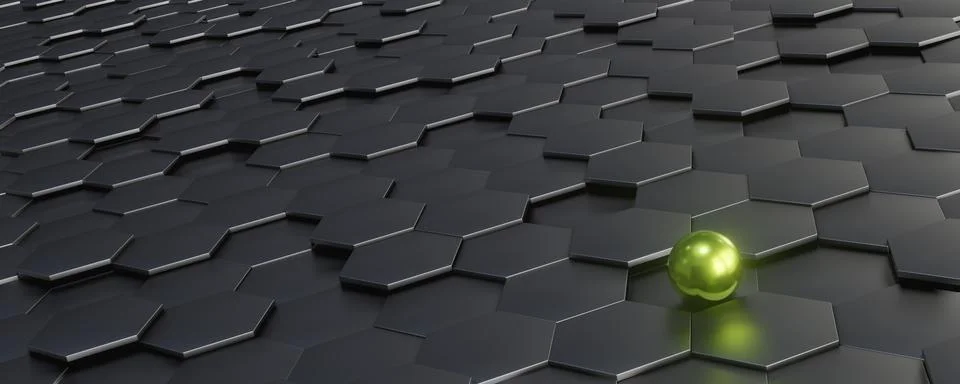 3D rendering of dark gray hexagon tiles with a green glowing ball. Stock Illustration