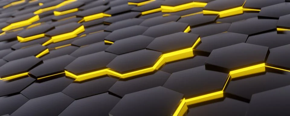 3D rendering of dark gray hexagon tiles with yellow glowing. Stock Illustration