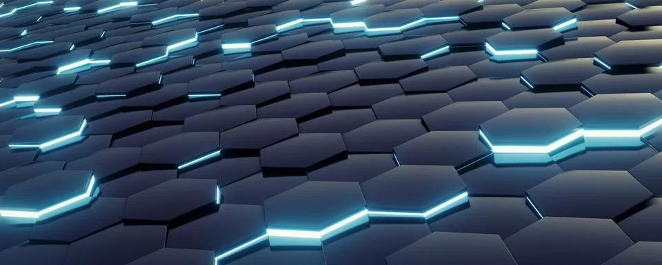 3D rendering of dark gray hexagon tiles with light blue glowing. Stock Illustration