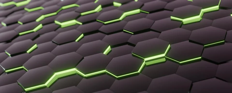3D rendering of dark gray hexagon tiles with green glowing. Stock Illustration