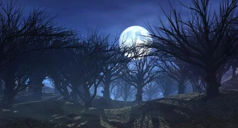 3d rendering of dark horror landscape with misty forest and big moon Stock Illustration