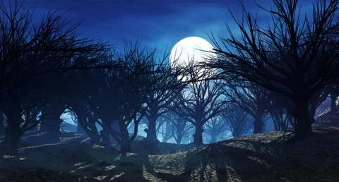 3d rendering of dark horror landscape with misty forest and big moon Stock Illustration