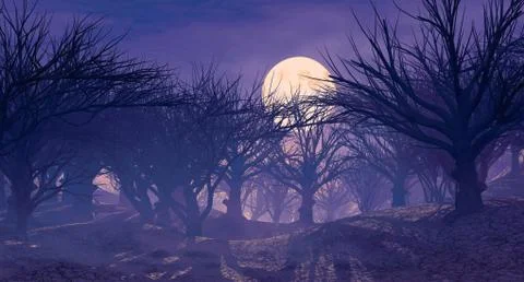 3d rendering of dark horror landscape with misty forest and big moon イラスト素材