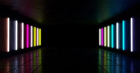 3d rendering. Dark long corridor with neon lighting along the wall. Stock Illustration
