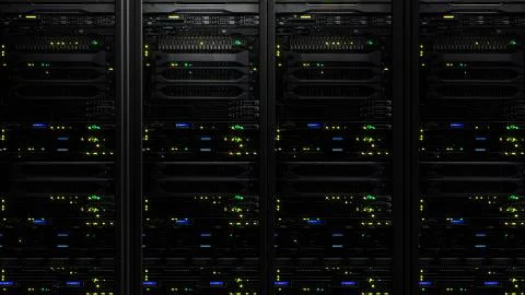 3D rendering of a dark modern server room data center in the storage center Stock Illustration