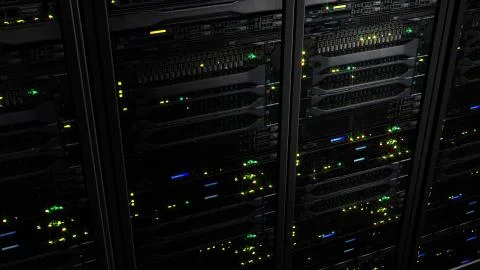 3D rendering of a dark modern server room data center in the storage center Stock Photos