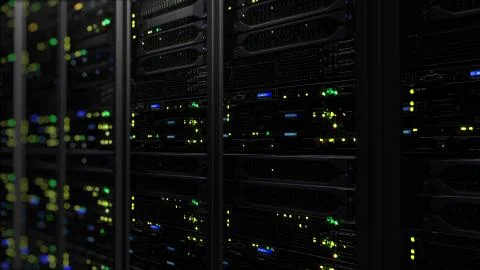 3D rendering of a dark modern server room data center in the storage center Stock Photos