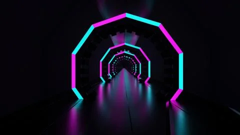 3D rendering dark neon tunnel Luminous blue pink abstract LED light Stock Illustration