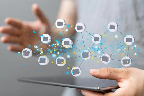 A 3D rendering of a Data cloud storage network from lines, triangles, and par 写真素材