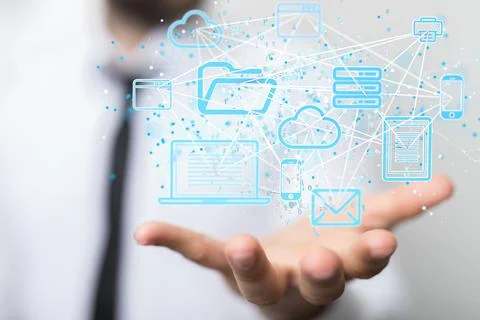 A 3D rendering of a data cloud storage network from lines, triangles, and par 写真素材