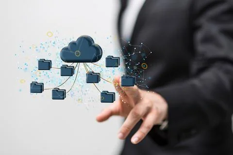 A 3D rendering of a Data cloud storage network from lines, triangles, and par Stockfoto's