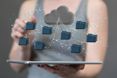 A 3d rendering of Data cloud storage network from lines, triangles and partic Stockfoto's