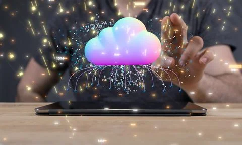 A 3D rendering of a data cloud storage network from lines, triangles and part 写真素材