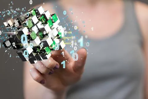 3D rendering of data cloud storage network from lines, triangles, and particle 写真素材