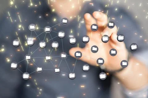 3D rendering of data cloud storage network icons with hand tapping on it from be 스톡 사진