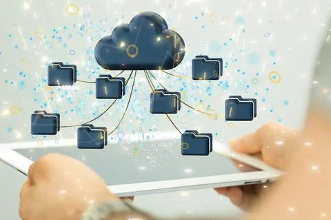 3D rendering of data cloud storage network icons over a mobile tablet Stock Photos