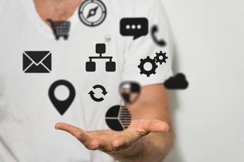 3D rendering of data, network, and digital icons in hand Stock Photos