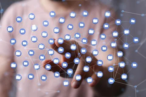 A 3d rendering of data network with connected computer folder symbols with a  写真素材