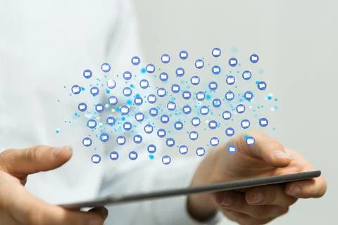 3d rendering of data network digital info on a tablet held by a male hands Photos