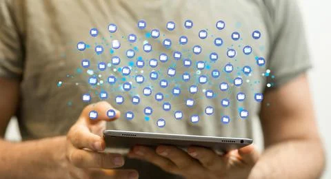 3D rendering of data network, email sign on the hands of a man Stock Photos