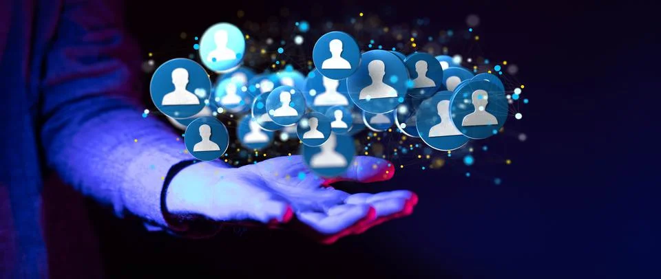 A 3D rendering data network floating on a businessman's hand against a dark b Stock Photos