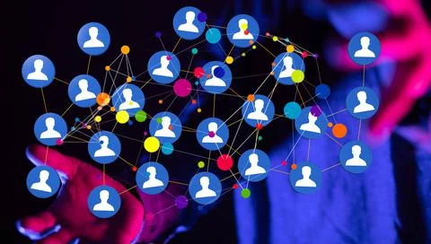A 3D rendering data network floating on a businessman's hand against a dark b Stock Photos