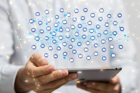 3D rendering of data storage network icons over a mobile tablet Stock Photos